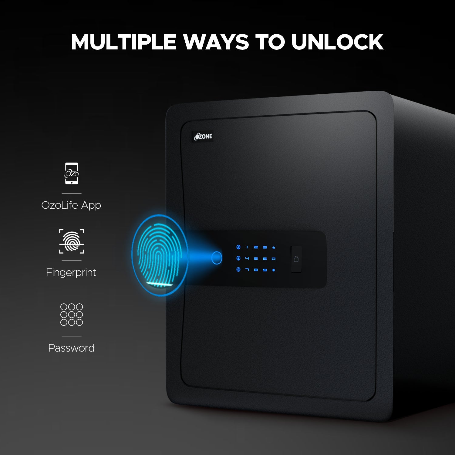 Ozone 45 Litres Wi-Fi Safe Locker for Home & Office – Fingerprint Lock, 3-in-1 Unlocking (OzoLife App, Fingerprint & Password), Size: 450H x 380W x 320D mm, Weight: 18kg, 2-Year Warranty