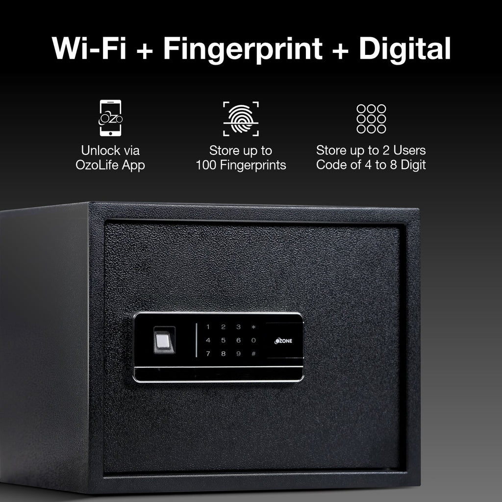 Ozone 30 Litres Wi-Fi Safe Locker for Home & Office – Fingerprint Lock, 3-in-1 Unlocking (OzoLife App, Fingerprint & Password), Size: 320H x 400W x 320D mm, Weight: 13.5kg, 2-Year Warranty - Ozone Group