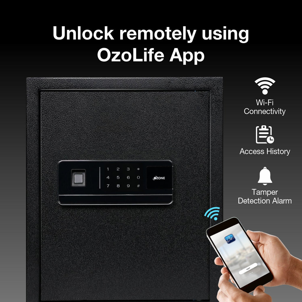 Ozone 40 Litres Wi-Fi Safe Locker for Home & Office – Fingerprint Lock, 3-in-1 Unlocking (OzoLife App, Fingerprint & Password), Size: 420H x 350W x 360D mm, Weight: 16.6kg, 2-Year Warranty - Ozone Group