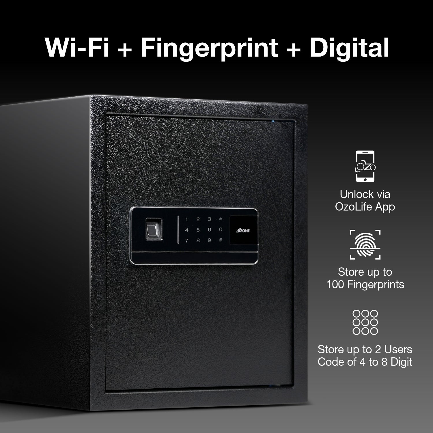 Ozone 40 Litres Wi-Fi Safe Locker for Home & Office – Fingerprint Lock, 3-in-1 Unlocking (OzoLife App, Fingerprint & Password), Size: 420H x 350W x 360D mm, Weight: 16.6kg, 2-Year Warranty - Ozone Group