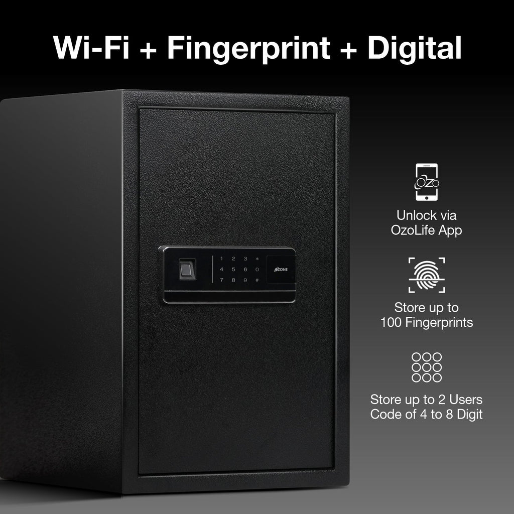 Ozone 55 Litres Wi-Fi Safe Locker for Home & Office – Fingerprint Lock, 3-in-1 Unlocking (OzoLife App, Fingerprint & Password), Size: 555H x 350W x 360D mm, Weight: 24.7kg, 2-Year Warranty - Ozone Group