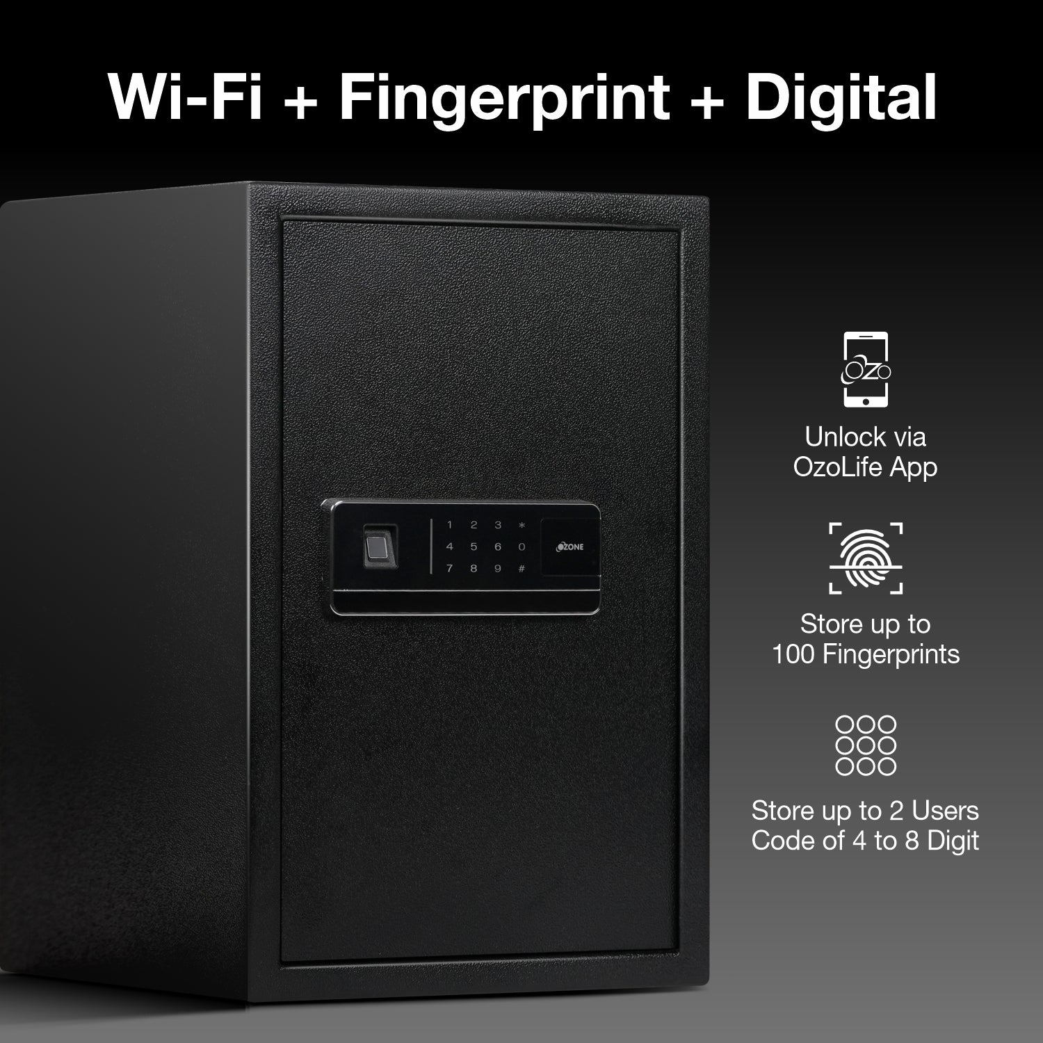 Ozone 55 Litres Wi-Fi Safe Locker for Home & Office – Fingerprint Lock, 3-in-1 Unlocking (OzoLife App, Fingerprint & Password), Size: 555H x 350W x 360D mm, Weight: 24.7kg, 2-Year Warranty - Ozone Group