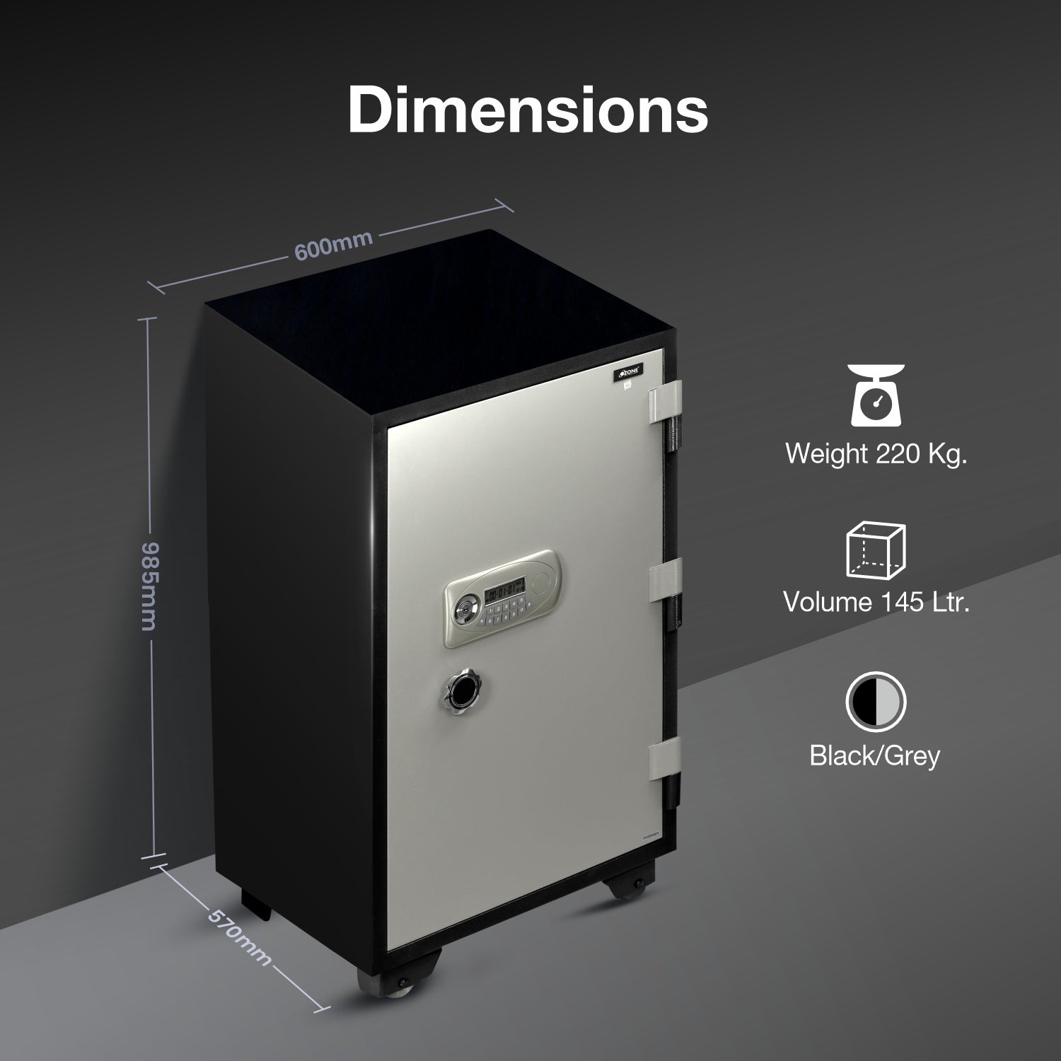 Ozone 145 Litres Fire-resistant Safe Locker for Factories & Warehouses – Digital Lock, 1-Way Unlocking (Password), Size: 985H x 600W x 570D mm, Weight: 220kg, 2-Year Warranty - Ozone Group