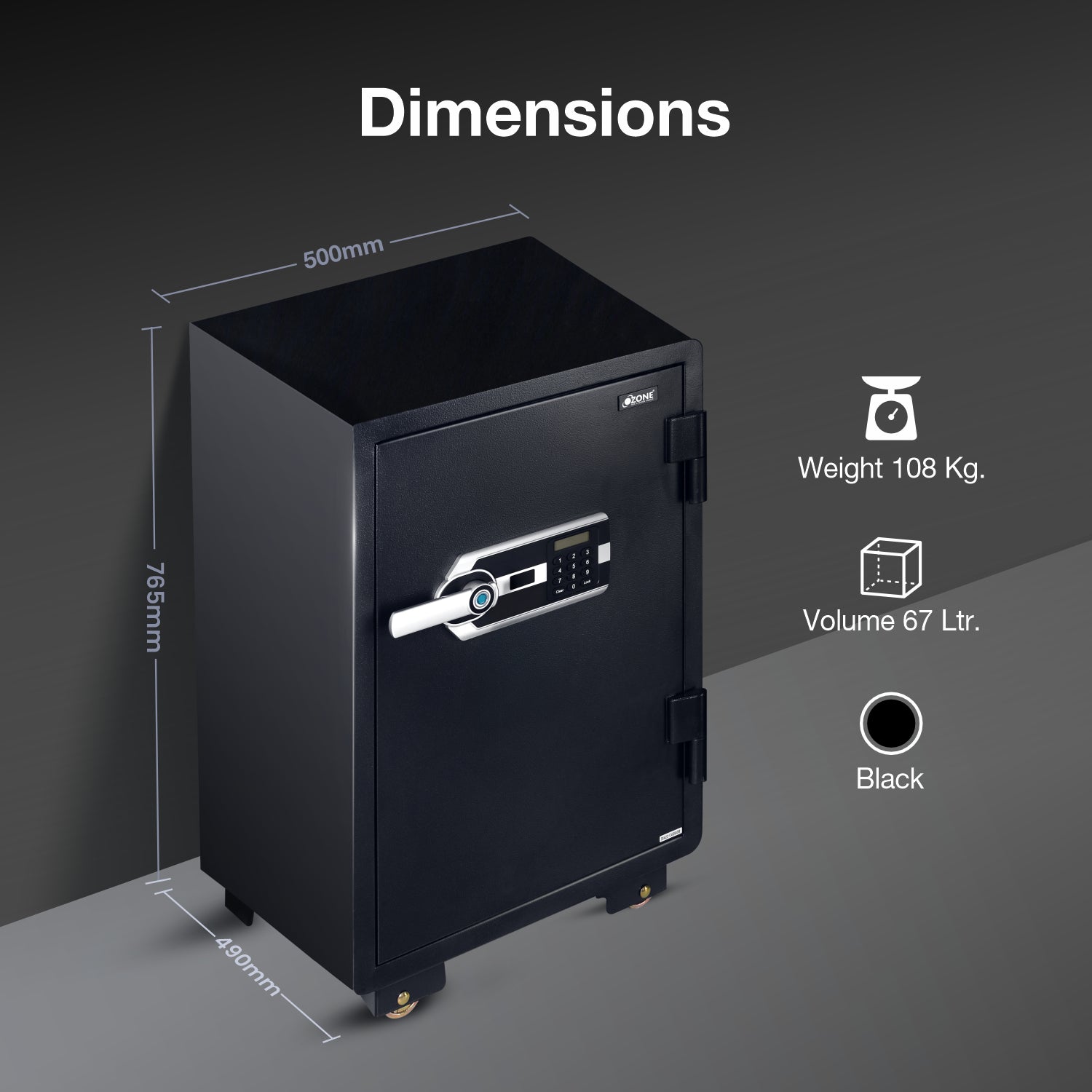 Ozone 67 Litres Fire-resistant Safe Locker for Factories & Warehouses – Fingerprint Lock, 2-in-1 Unlocking (Fingerprint & Password), Size: 765H x 500W x 490D mm, Weight: 108kg, 2-Year Warranty - Ozone Group