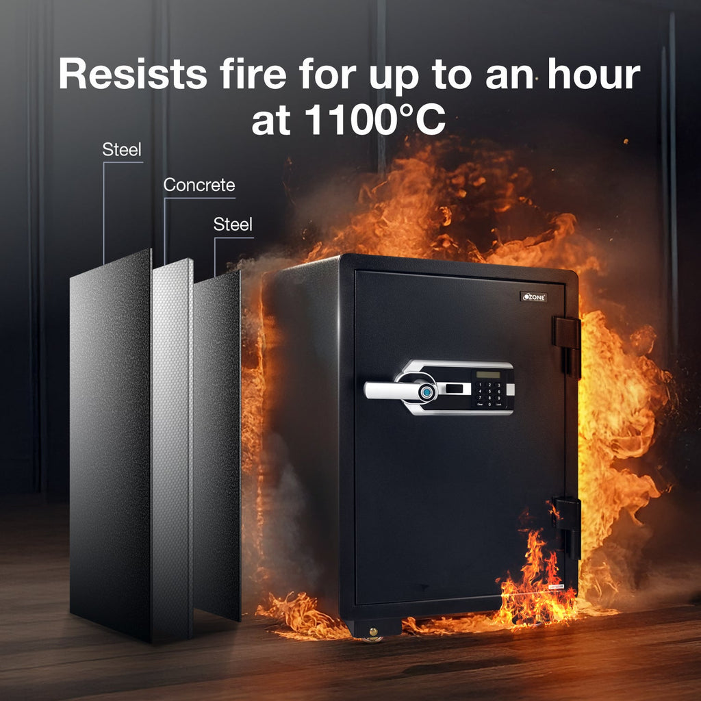 Ozone 67 Litres Fire-resistant Safe Locker for Factories & Warehouses – Fingerprint Lock, 2-in-1 Unlocking (Fingerprint & Password), Size: 765H x 500W x 490D mm, Weight: 108kg, 2-Year Warranty - Ozone Group