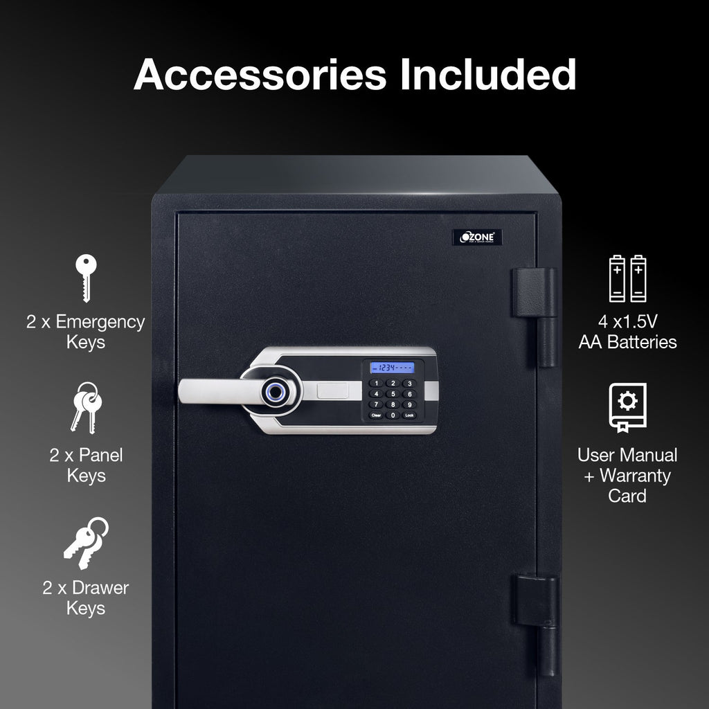 Ozone 67 Litres Fire-resistant Safe Locker for Factories & Warehouses – Fingerprint Lock, 2-in-1 Unlocking (Fingerprint & Password), Size: 765H x 500W x 490D mm, Weight: 108kg, 2-Year Warranty - Ozone Group