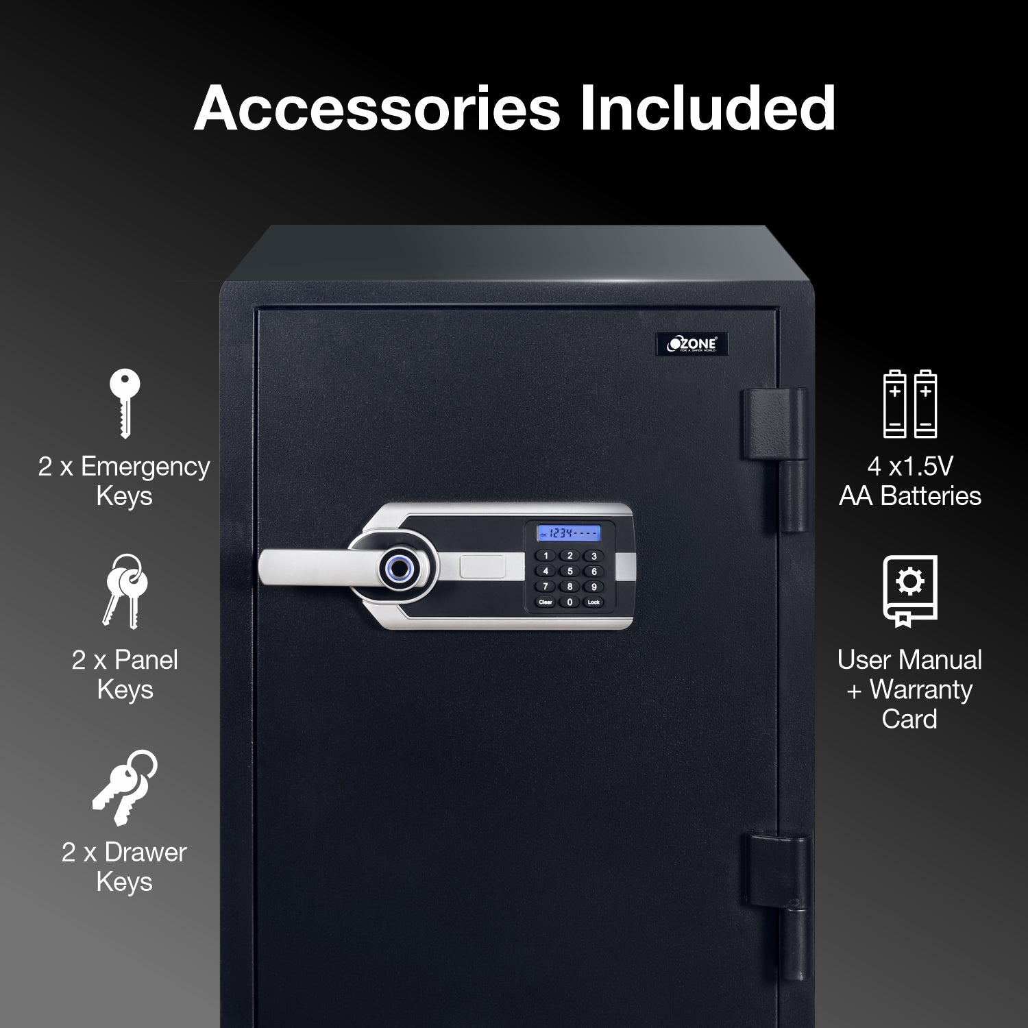 Ozone 67 Litres Fire-resistant Safe Locker for Factories & Warehouses – Fingerprint Lock, 2-in-1 Unlocking (Fingerprint & Password), Size: 765H x 500W x 490D mm, Weight: 108kg, 2-Year Warranty - Ozone Group