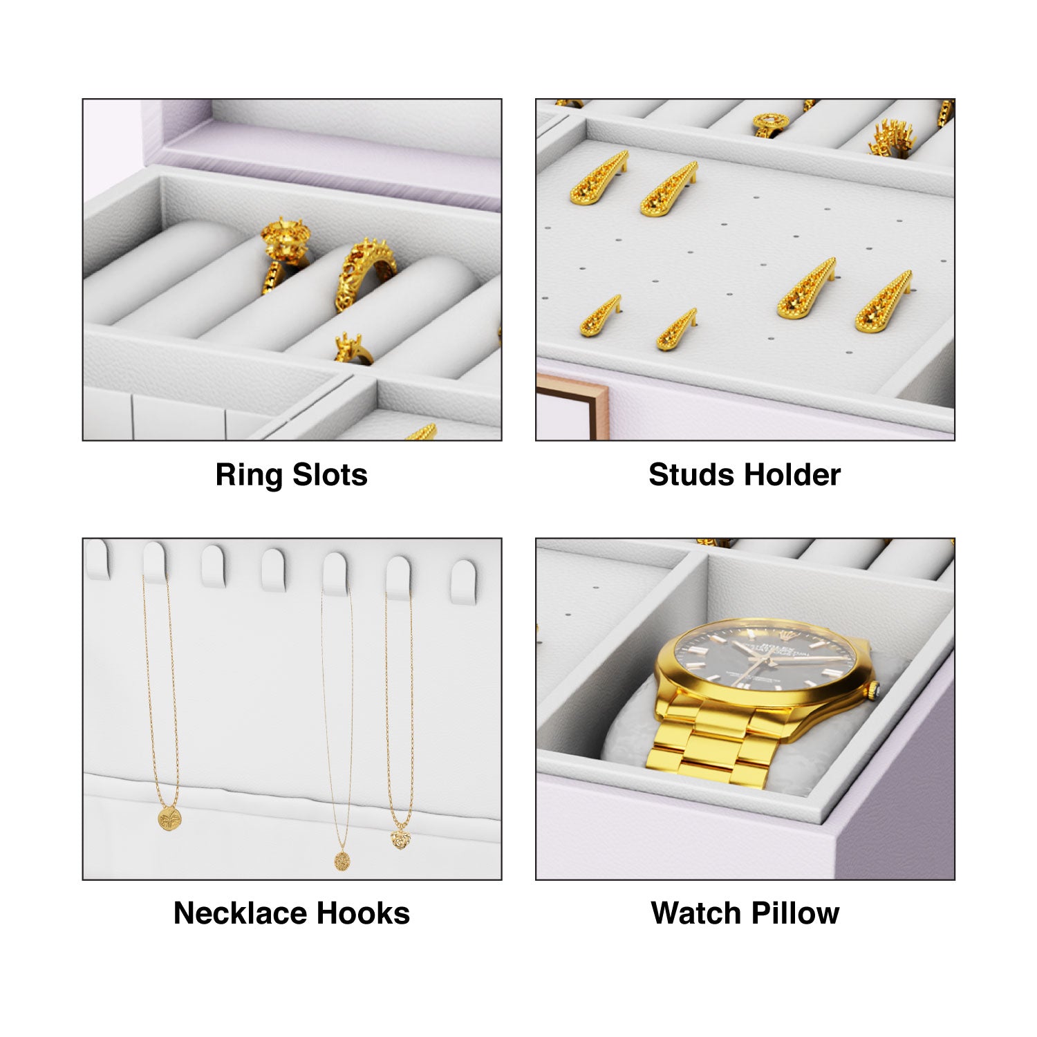 Ozone Jewellery Box with 3 Layers with Premium Leather & Velvet Lining | Necklace Hooks, Ring Slots, Hidden Compartment, Adjustable Sections, Watch Pillow & Removable Storage for Wardrobe, Dresser & Tabletop (White)