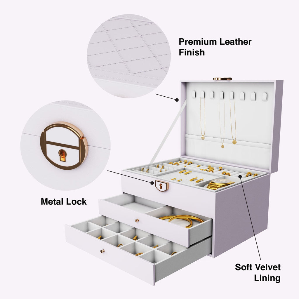 Ozone Jewellery Box with 3 Layers with Premium Leather & Velvet Lining | Necklace Hooks, Ring Slots, Hidden Compartment, Adjustable Sections, Watch Pillow & Removable Storage for Wardrobe, Dresser & Tabletop (White)