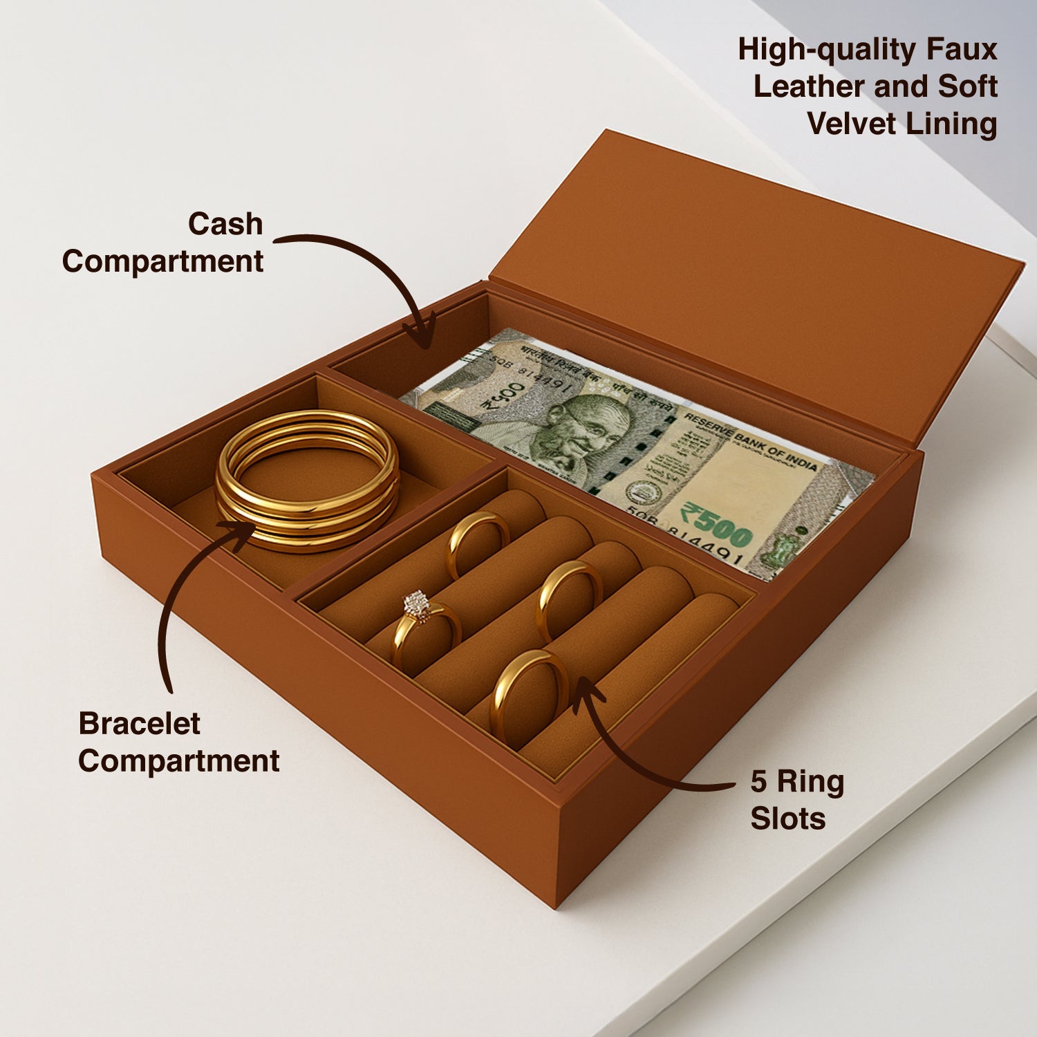 Ozone Jewellery Tray Organizer with Faux Leather & Velvet Lining | Ring, Bracelet, Cash & Accessory Holder | Compatible with Safes, Wardrobes, Bedside Tables & Dressers (Mocha Brown)