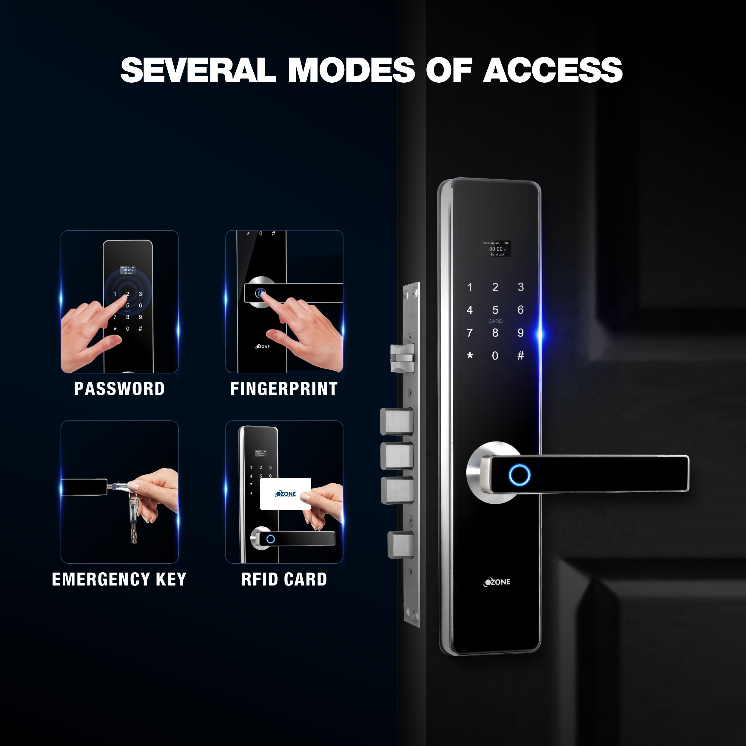 Ozone Morphy Plus Smart Door Lock with 3-way access | Door Thickness: 35-100 mm (Satin Chrome)