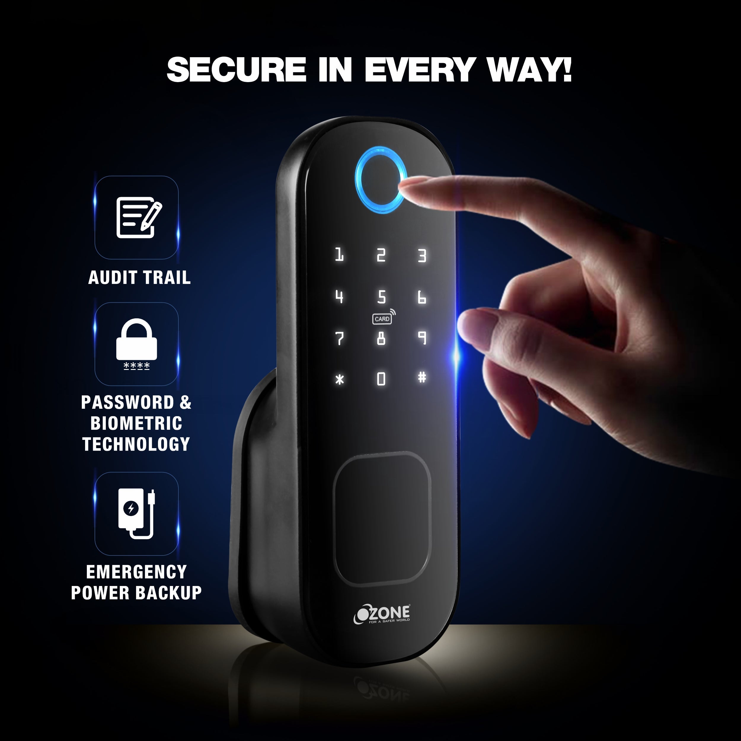 Ozone Cleo Wi-Fi Smart Door Lock with 4-way access | Door Thickness: 20-65 mm - Ozone Group