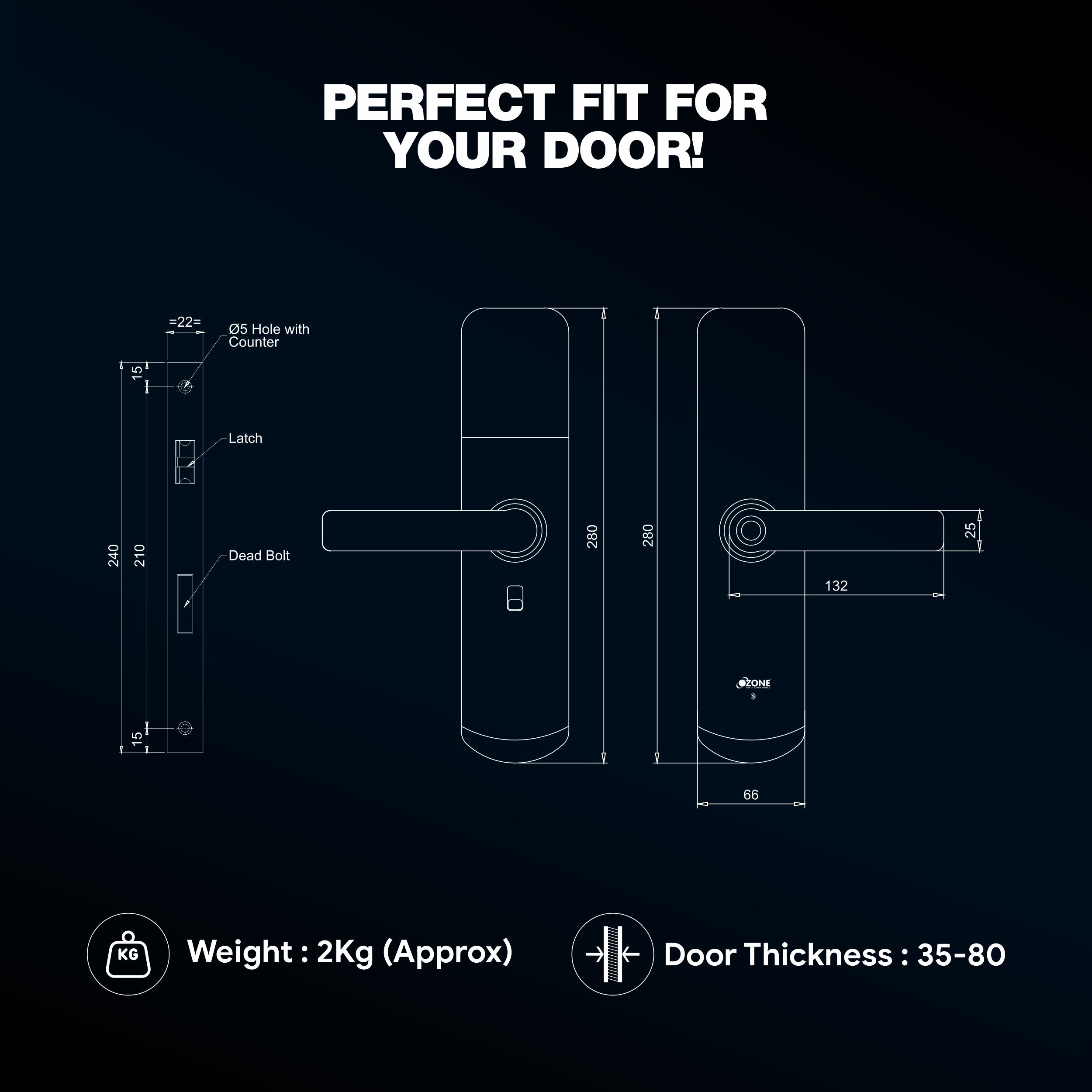 Ozone Morphy Eco Bluetooth Smart Door Lock with 4-way access | Door Thickness: 35-80 mm