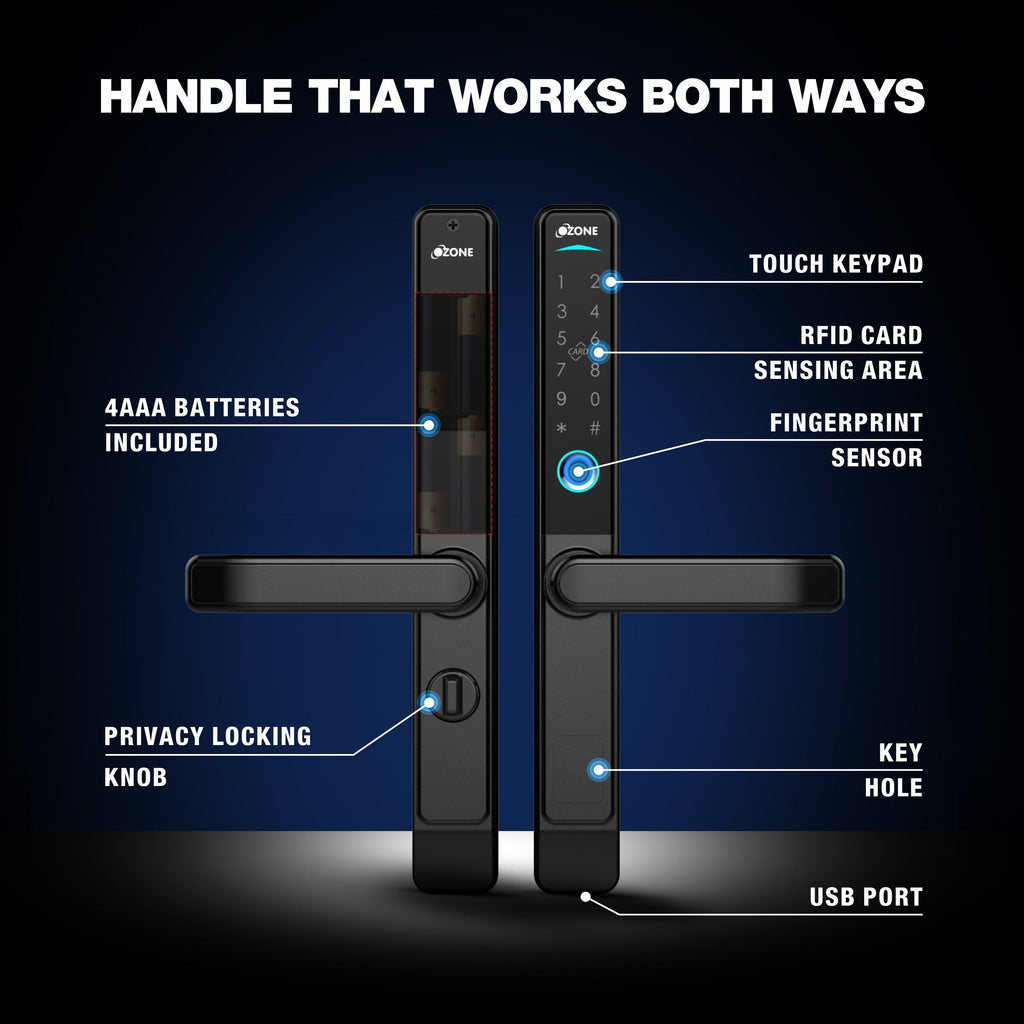 Ozone Narrow Style Wi-Fi Smart Door Lock with 4-way access for Sliding Doors | Door Thickness: 35-80 mm - Ozone Group