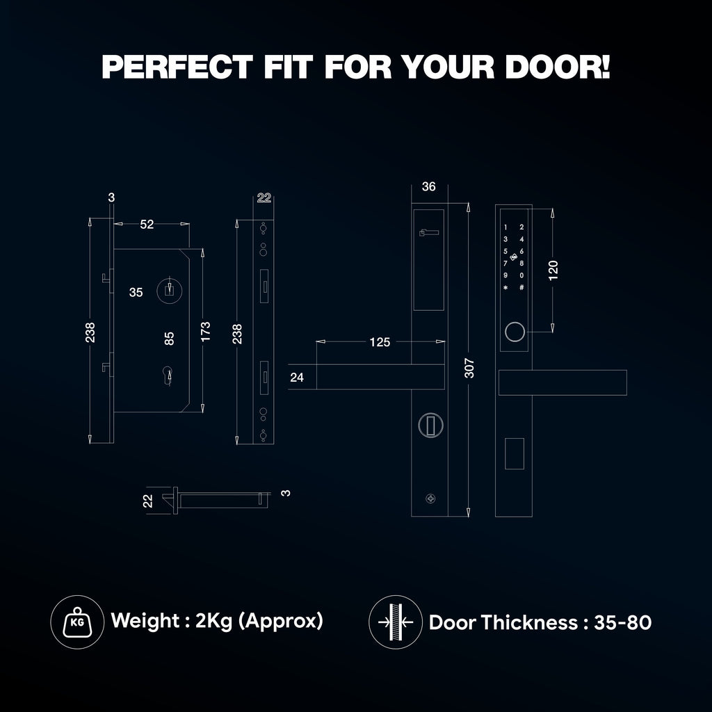 Ozone Narrow Style Wi-Fi Smart Door Lock with 4-way access for Sliding Doors | Door Thickness: 35-80 mm - Ozone Group