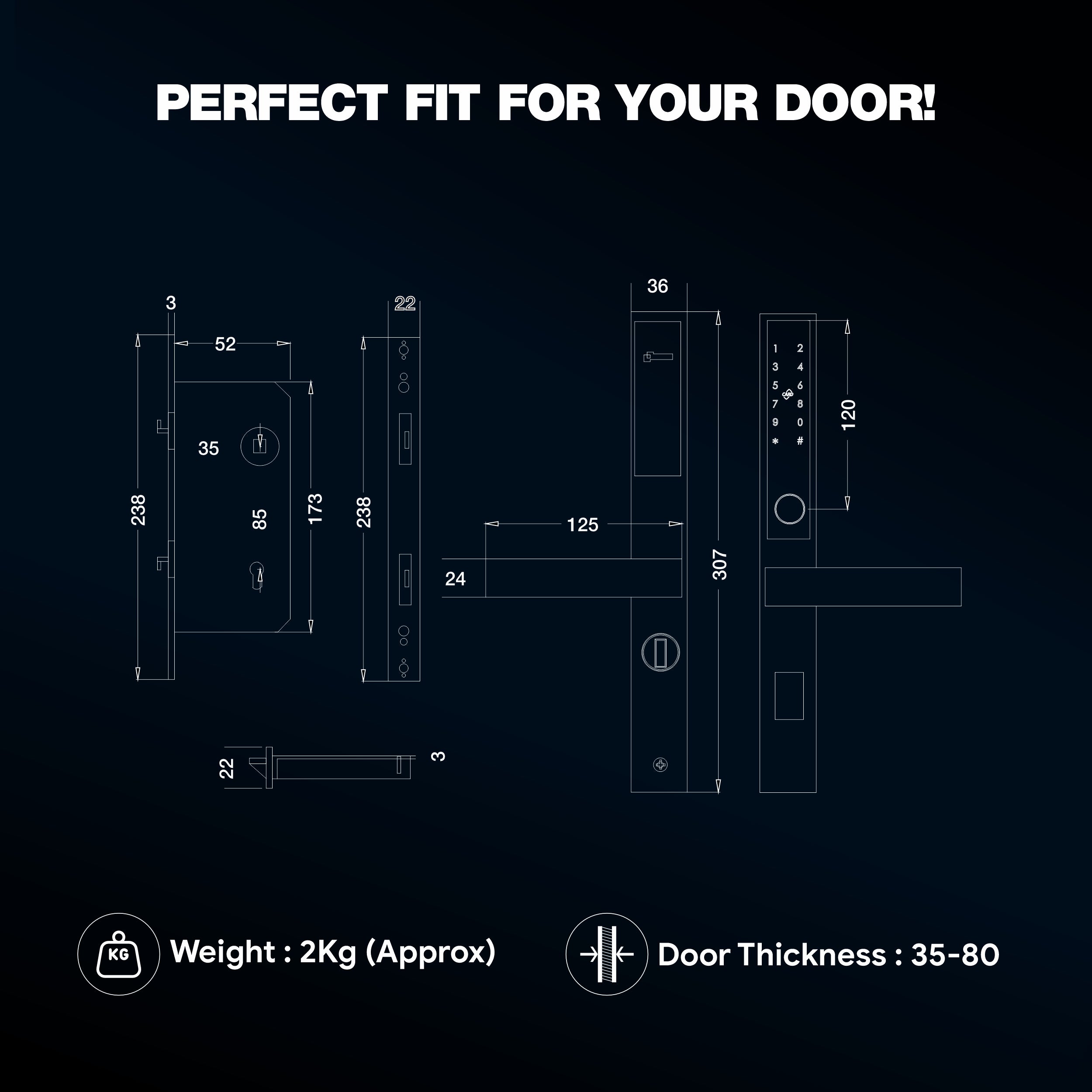 Ozone Narrow Style Wi-Fi Smart Door Lock with 4-way access for Sliding Doors | Door Thickness: 35-80 mm - Ozone Group