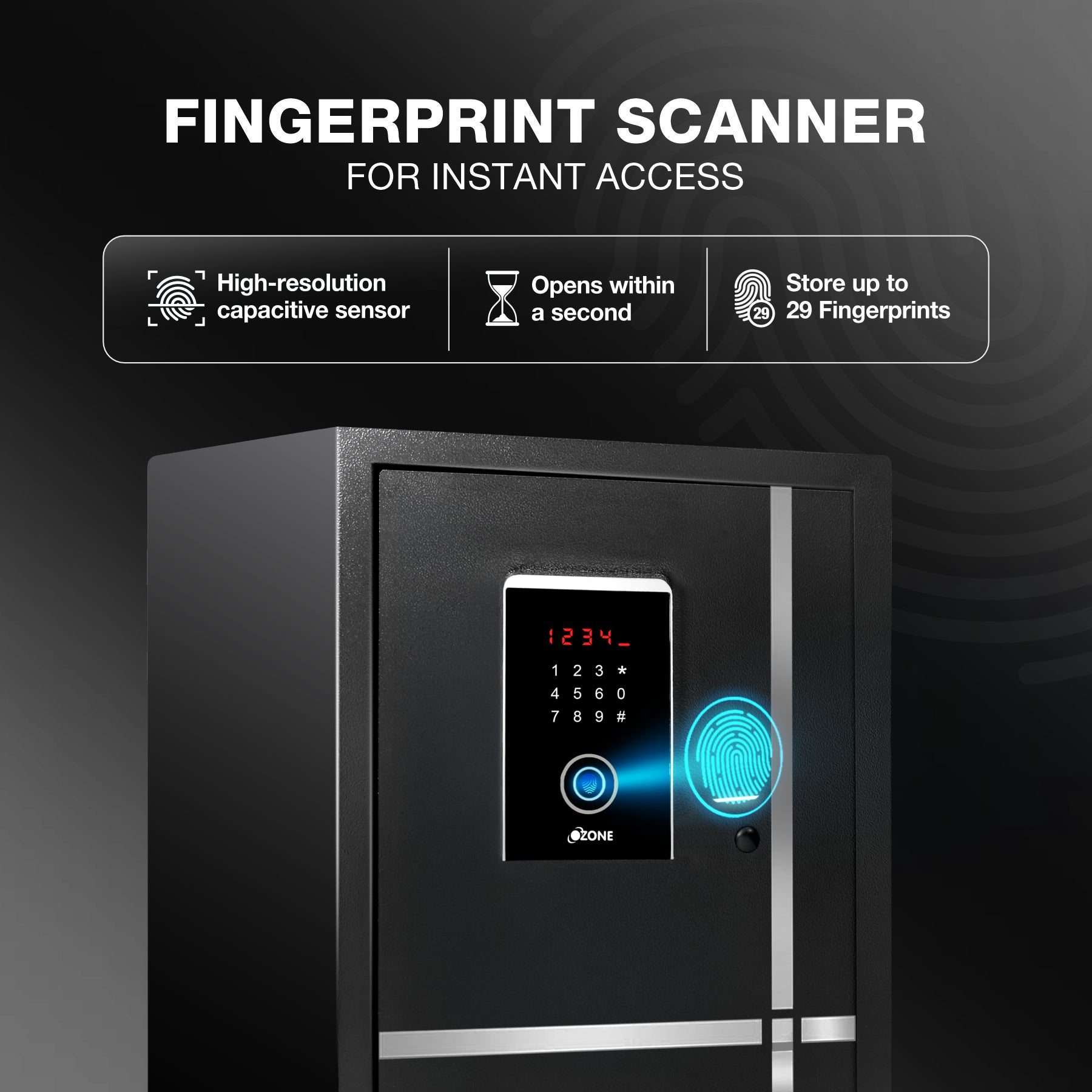 Ozone 40 Litres Fingerprint Safe Locker for Home & Office – Fingerprint Lock, 2-in-1 Unlocking (Fingerprint & Password), Size: 420H x 350W x 360D mm, Weight: 20.4kg, 2-Year Warranty