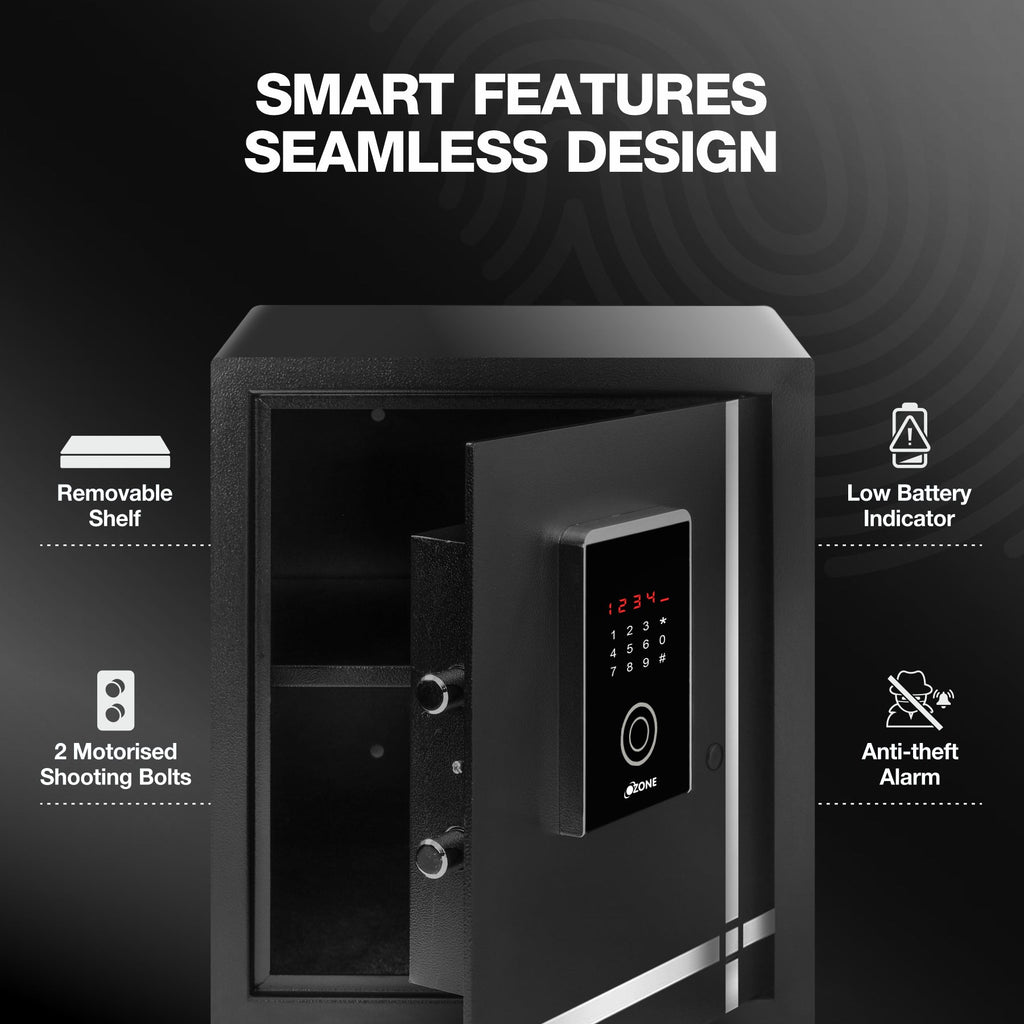 Ozone 40 Litres Fingerprint Safe Locker for Home & Office – Fingerprint Lock, 2-in-1 Unlocking (Fingerprint & Password), Size: 420H x 350W x 360D mm, Weight: 20.4kg, 2-Year Warranty